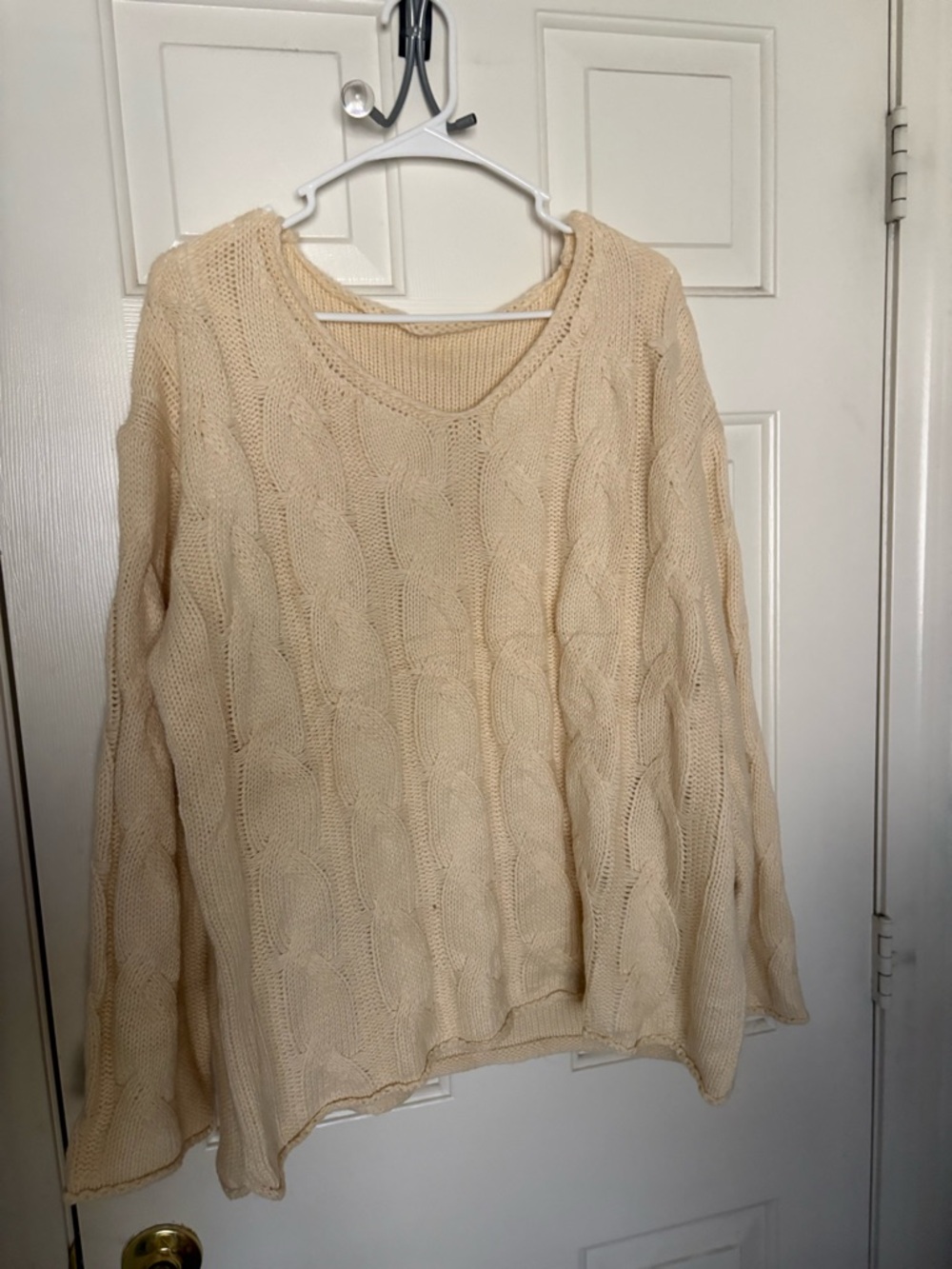 Amazon Women's Cream Cable Knit V-Neck Sweater